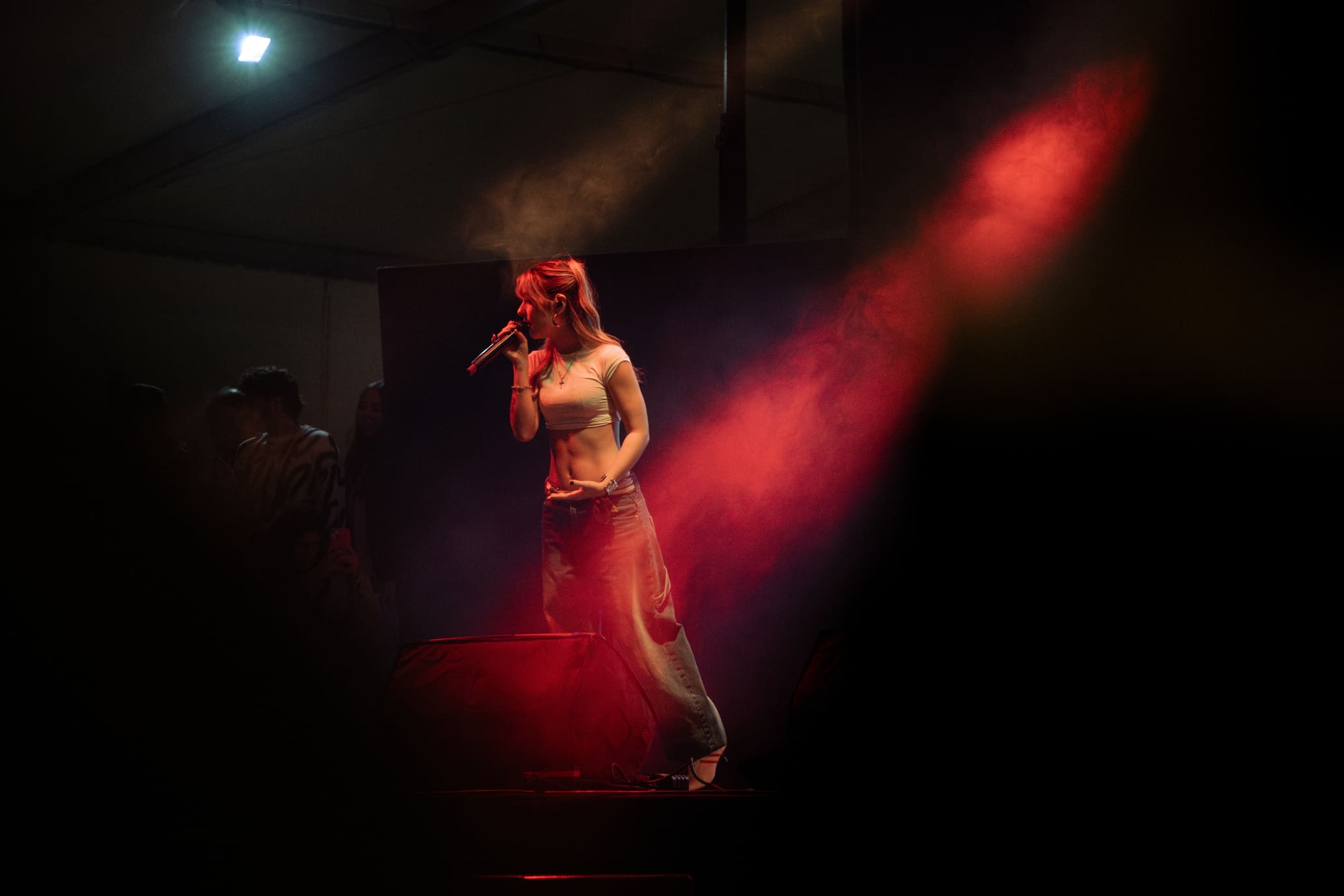Una artista está de pie en el escenario con un micrófono en la mano, rodeada de luces rojas y moradas y efectos de humo. Lleva un top blanco ajustado y unos vaqueros holgados, concentrada en su actuación mientras se ve al público al fondo.